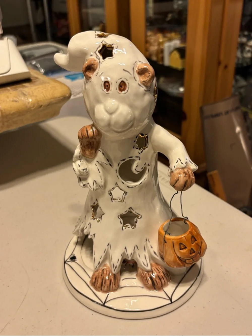 Blue sky White Ceramic Bear Ghost with Orange Pumpkin Bucket - Home Accent.